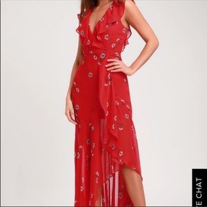 Lulus Red Floral Ruffle High Low Maxi Dress